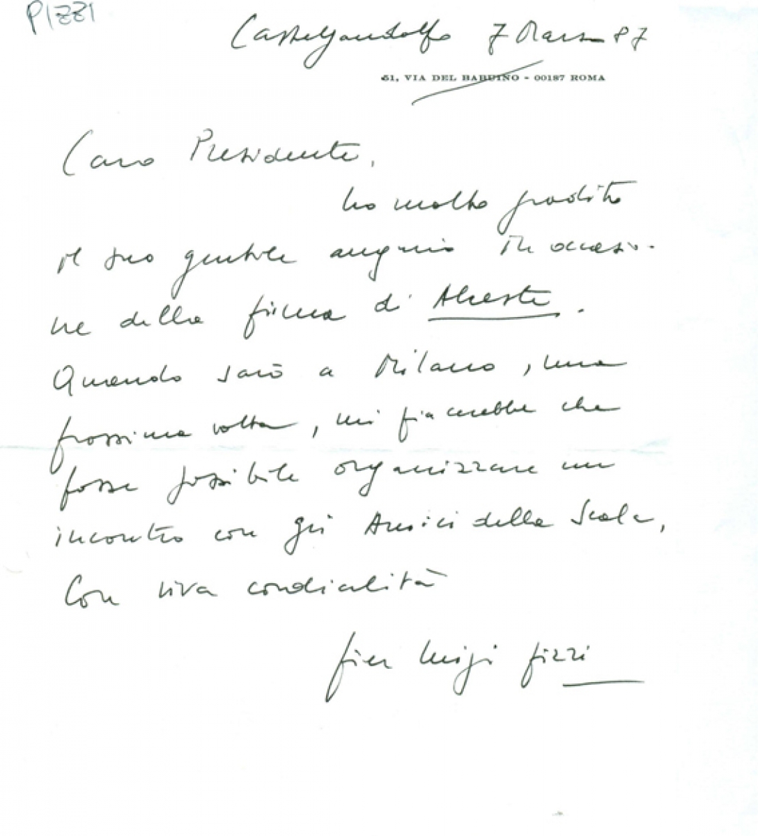 Lettera autografa Pier Luigi Pizzi