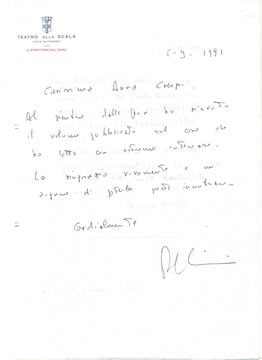 Lettera autografa Gabbiani per lettura volume su coro Scala