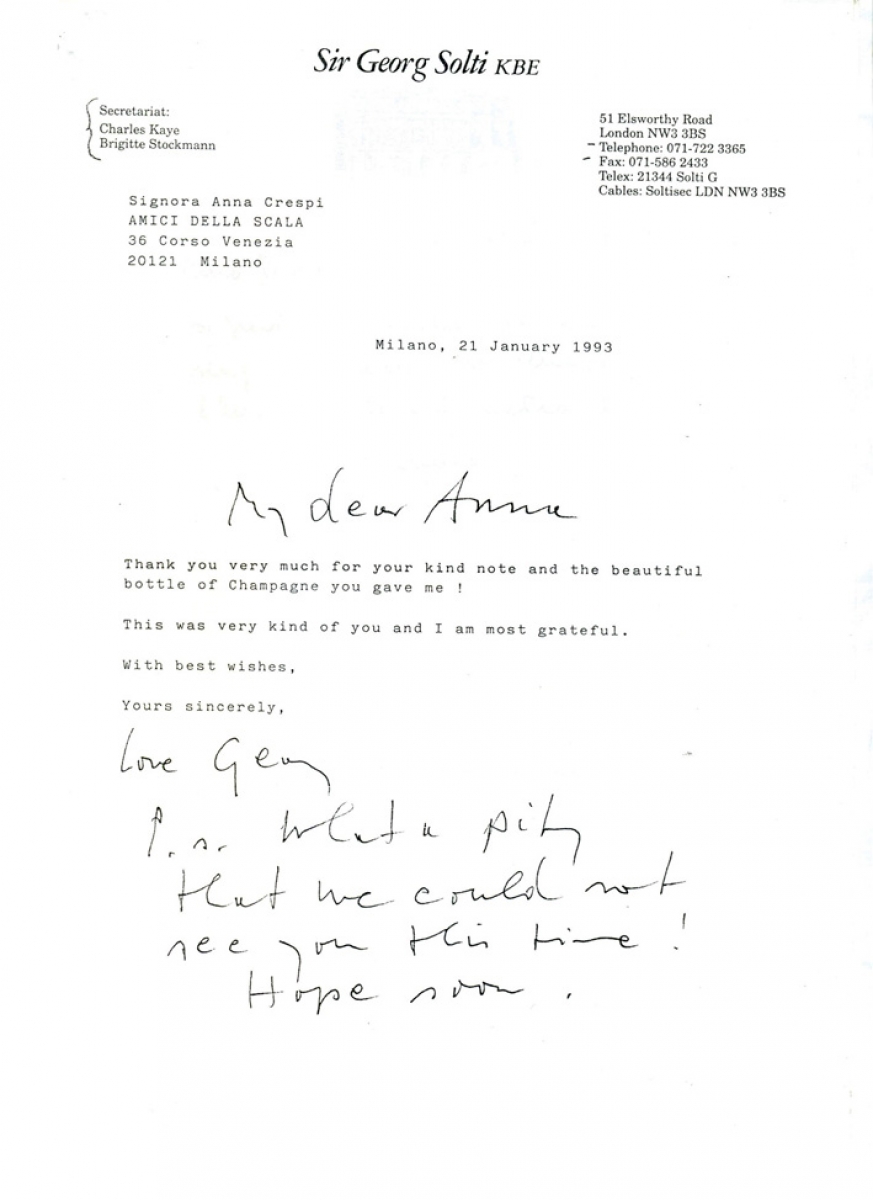 Lettera di ringraziamento da Georg Solti