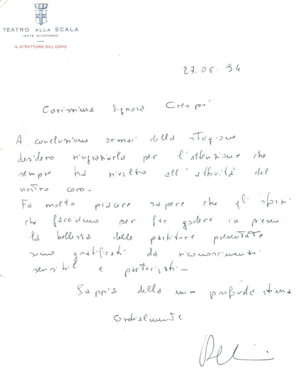 Lettera autografa Gabbiani, ringraziamenti per attenzione nei confronti del coro della Scala