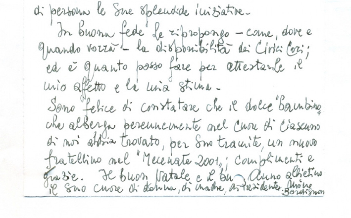 Biglietto autografo di Mino Bordignon
