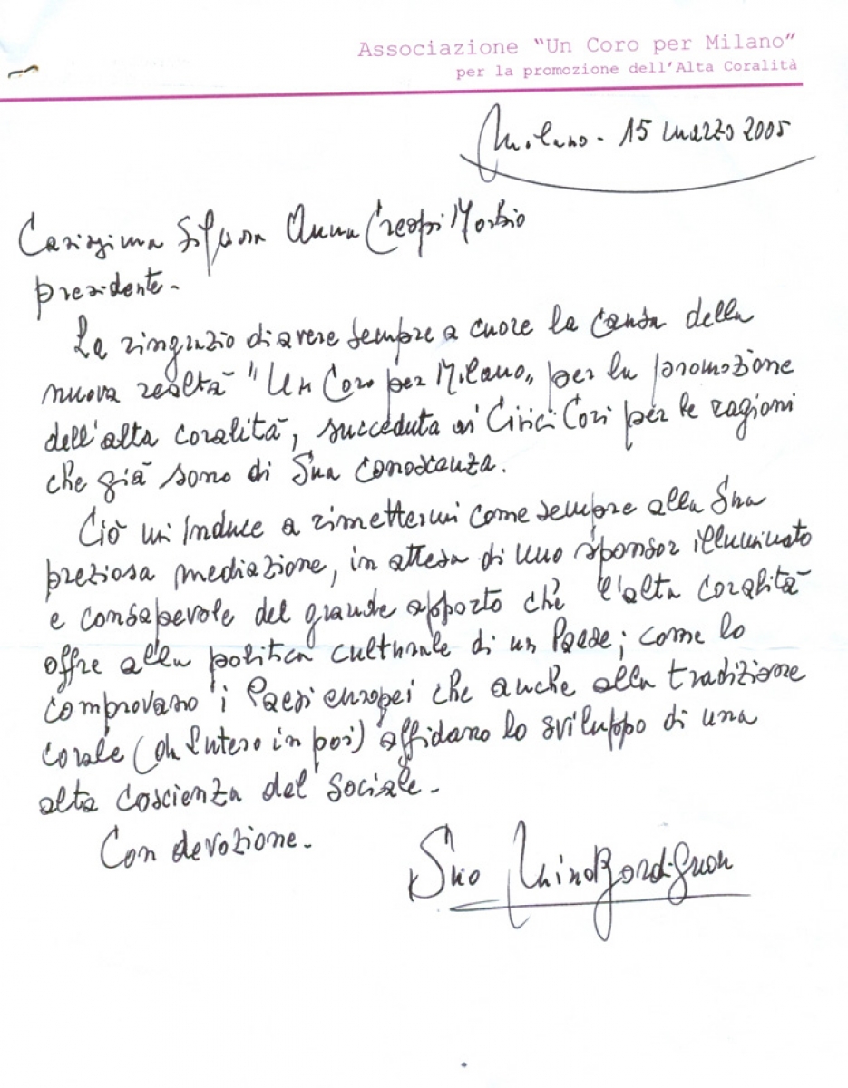 Lettera autografa Mino Bordignon per “Un coro per Milano”