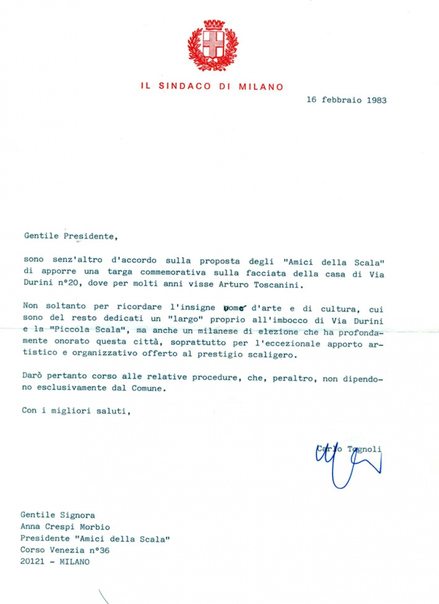 Lettera Tognoli per targa Toscanini