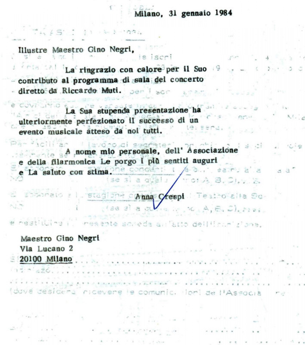 Ringraziamento a Gino Negri per programma di sala concerto Muti