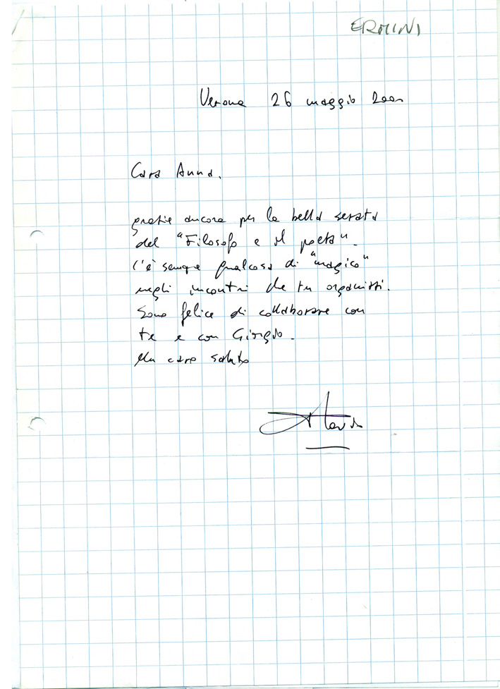 F35L342 – lettera autografa Ermini per serata “il filosofo e il poeta”
