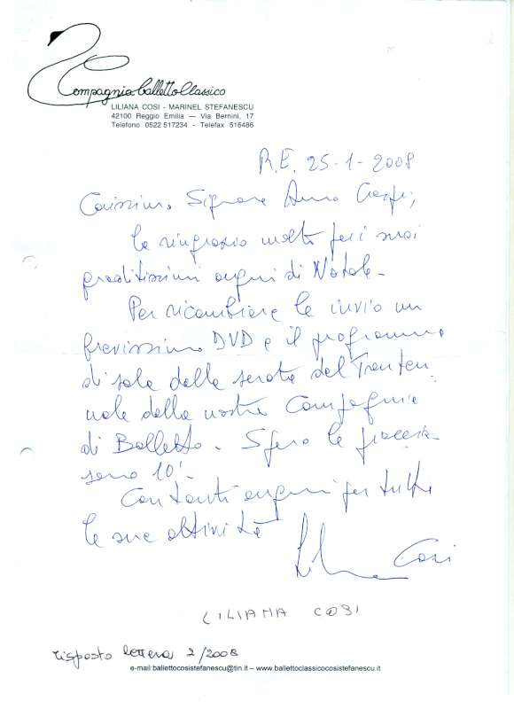 lettera autografa Liliana Cosi